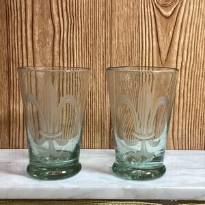 MARIPOSA Etched Green Glass Tumblers with Fleur-de-Lis Design SET OF 2
